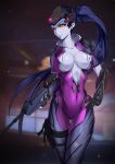  1girl ass_visible_through_thighs blue_hair blue_skin breasts collarbone covered_navel earrings gun head_mounted_display highres impossible_clothes jewelry large_breasts liu_lan long_hair looking_to_the_side overwatch ponytail revision rifle skin_tight smile sniper_rifle solo weapon widowmaker_(overwatch) yellow_eyes 