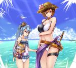  2girls apollonia_vaar aqua_eyes asymmetrical_bikini asymmetrical_clothes beach bikini blue_hair breast_hold brown_hair diving_mask floating_island granblue_fantasy halterneck highres long_hair multiple_girls orchis polka_dot polka_dot_swimsuit red_eyes sheath sheathed short_hair stuffed_animal stuffed_cat stuffed_toy suzumushi swimsuit sword thigh_strap twintails water weapon 