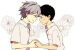  2boys black_hair face-to-face floral_background holding_hands ikari_shinji knt_ammy multiple_boys nagisa_kaworu neon_genesis_evangelion open_mouth smile white_hair yaoi 