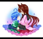  2girls animal_ears blue_eyes blue_hair brown_hair dress flower head_fins highres imaizumi_kagerou japanese_clothes kimono kuroshiroduet long_hair multiple_girls petals red_eyes rose sash short_hair smile touhou wakasagihime wide_sleeves wolf_ears 