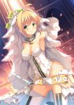  1girl adapted_costume ahoge blonde_hair breasts chain cleavage fate/extra fate/extra_ccc fate/grand_order fate_(series) flower green_eyes highres holding holding_sword holding_weapon lock padlock saber_bride saber_extra smile solo sword ureshiijelek veil weapon 