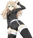  1girl alisha_diphda black_legwear black_shirt black_shorts brown_hair cowboy_shot from_below green_eyes hair_down long_hair looking_at_viewer ribonzu shirt shorts smile solo tales_of_(series) tales_of_zestiria thigh-highs thigh_strap white_background 