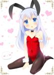  1girl animal_ears blue_eyes blue_hair bow bowtie bunny_tail bunnysuit chestnut_mouth detached_collar gaou gochuumon_wa_usagi_desu_ka? kafuu_chino long_hair pantyhose rabbit_ears ribbon sitting tail wariza wrist_cuffs x_hair_ornament 