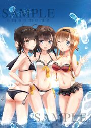  3girls akizuki_(kantai_collection) anchor ass bikini bikini_skirt black_eyes black_hair blue_eyes braid brown_hair chain hatsuzuki_(kantai_collection) headband kantai_collection long_hair multiple_girls omoomomo ponytail sample short_hair standing swimsuit teruzuki_(kantai_collection) twin_braids wading water 