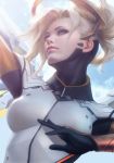  1girl blonde_hair blue_eyes highres looking_up mechanical_halo mercy_(overwatch) overwatch parted_lips realistic solo stanley_lau sunlight upper_body 