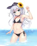  1girl absurdres bangle bikini black_bikini blue_eyes blush bracelet breasts choker colis_(regunm772) collarbone eyebrows eyebrows_visible_through_hair flat_cap flower grey_hair groin hair_between_eyes hair_flower hair_ornament hat head_tilt hibiki_(kantai_collection) highres jewelry kantai_collection lens_flare long_hair looking_at_viewer navel roman_numerals side-tie_bikini small_breasts smile solo sparkle standing sunflower_hair_ornament swimsuit water white_background 