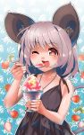  1girl alternate_costume animal_ears collarbone eating food fruit grey_hair highres mouse_ears mouse_tail nazrin one_eye_closed open_mouth pendulum red_eyes shaved_ice solo strawberry tail tank_top touhou umigarasu_(kitsune1963) 