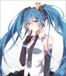  1girl aqua_eyes aqua_hair black_gloves crown elbow_gloves finger_to_mouth gloves hakusai_(tiahszld) hatsune_miku headset long_hair looking_at_viewer mini_crown necktie revision solo twintails upper_body very_long_hair vocaloid white_background 