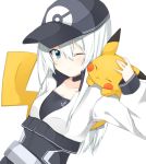  1girl alternate_costume anchor_symbol animal animal_on_shoulder baseball_cap black_clothes blue_eyes closed_eyes cropped_jacket female_protagonist_(pokemon_go) hair_between_eyes hat hibiki_(kantai_collection) kantai_collection long_hair looking_at_another one_eye_closed pikachu pokemon pokemon_(creature) pokemon_go rateratte silver_hair upper_body 