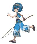  1girl absurdres blue_hair fishing_rod highres looking_at_viewer official_art open_mouth pokemon pokemon_(game) pokemon_sm running sandals short_hair solo suiren_(pokemon) 