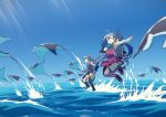  2girls ahoge blue_bow blue_bowtie blue_sky boots bow bowtie closed_eyes commentary_request cross-laced_footwear dress grey_eyes grey_hair jumping kantai_collection kasumi_(kantai_collection) kiyoshimo_(kantai_collection) kneehighs lace-up_boots long_hair low_twintails manta_ray multiple_girls ocean open_mouth outdoors outstretched_arms pantyhose pinafore_dress purple_legwear red_(red-sight) remodel_(kantai_collection) shirt side_ponytail single_kneehigh single_thighhigh sky sleeveless sleeveless_dress spread_arms thigh-highs twintails very_long_hair white_shirt 