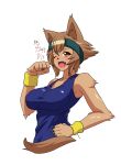  1girl 2016 absurdres animal_ears blush breasts brown_hair claws dated dog_ears dog_tail fang furry hand_on_hip highres kagiyama_(gen&#039;ei_no_hasha) kobold medium_breasts monster_girl monster_musume_no_iru_nichijou one_eye_closed open_mouth orange_eyes polt short_hair signature simple_background sketch snout solo sweatband tail upper_body white_background 