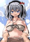  1girl beret blue_eyes breasts cleavage commentary_request grey_hair hat jewelry kantai_collection kashima_(kantai_collection) long_hair looking_at_viewer navel necklace open_mouth partially_submerged smile solo_focus swimsuit tsurime tsuzuri_(tuzuri) twintails water whistle 