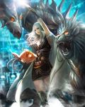  1girl arm_up black_boots book boots dragon dragon&#039;s_shadow glowing glowing_eyes grey_eyes highres kei1115 lion open_book red_eyes standing wand watermark white_cape white_hair 