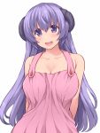  1girl :d apron bare_shoulders blush breasts cleavage collarbone hanyuu hasu_(hk_works) higurashi_no_naku_koro_ni horns long_hair looking_at_viewer naked_apron open_mouth pink_apron purple_hair smile solo upper_body violet_eyes white_background 