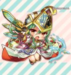  1girl athena_(p&amp;d) brown_eyes chibi fingerless_gloves gloves green_hair helmet long_hair lowres marshmallow_mille open_mouth puzzle_&amp;_dragons reaching_out sandals solo 
