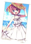  1girl 2016 :d arc_the_lad arc_the_lad_ii beach blue_eyes bow choko_(arc_the_lad) collarbone dated dress hair_bow happy_birthday hat izumi_kouyou looking_at_viewer open_mouth pink_hair short_hair side_ponytail signature smile solo sun_hat sundress water white_dress yellow_bow 