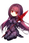  1girl adarin bodysuit breasts covered_navel fate/grand_order fate_(series) gae_bolg highres long_hair pauldrons polearm purple_hair red_eyes scathach_(fate/grand_order) simple_background solo spear weapon younger 