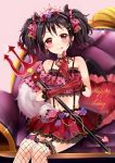  1girl :q black_hair bow demon_tail demon_wings fishnet_legwear fishnets gloves hair_bow long_hair love_live! love_live!_school_idol_project polearm red_eyes revision sakura_hiyori simple_background solo staff tail tiara tongue tongue_out trident weapon wings yazawa_nico 