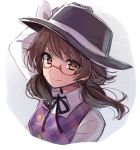  1girl asa_(coco) brown_eyes brown_hair glasses hand_on_headwear hat looking_at_viewer smile solo touhou upper_body usami_sumireko 