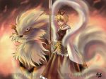  animal_ears arcanine blonde_hair brown_dress dress fire holding long_sleeves pokemon scull shawl tiger tiger_print toramaru_shou touhou trait_connection 