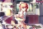  1girl apron blue_eyes bowl breasts cabinet cutting_board egg flour food kitchen microwave original pink_hair plant potted_plant shirt shuffle_(songdatiankong) sink solo striped striped_shirt teaspoon weighing_scale whisk 