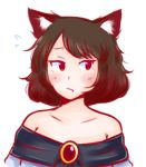  alternate_hair_length alternate_hairstyle animal_ears brooch brown_hair dress fang imaizumi_kagerou jewelry looking_away maditsu off_shoulder red_eyes short_hair strapless strapless_dress touhou white_background wolf_ears worried 