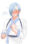  1boy blue_hair blush clenched_hand embarrassed fire_emblem fire_emblem_if hair_over_one_eye japanese_clothes johnnybooboo long_hair looking_to_the_side male_focus parted_lips shigure_(fire_emblem_if) simple_background solo sweatdrop tasuki upper_body white_background yellow_eyes 