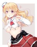  blonde_hair breasts hat kantai_collection long_hair long_sleeves looking_at_viewer midriff navel open_mouth pantyhose shirogane_rio_(artist) sleeves_past_wrists squiggle sweatdrop torn_clothes under_boob violet_eyes zara_(kantai_collection) 