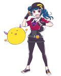  1girl :d baseball_cap belt black_gloves black_legwear blue_hair cellphone chan_co choker cosplay female_protagonist_(pokemon_go) female_protagonist_(pokemon_go)_(cosplay) fingerless_gloves full_body gloves hair_bun hat leggings long_hair love_live! love_live!_sunshine!! open_mouth phone pokemon pokemon_go ponytail pose red_eyes shoes smartphone smile sneakers solo standing tsushima_yoshiko white_background 