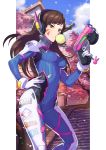  1girl armor bangs bodysuit boots bracer breasts brown_eyes brown_hair bubble_blowing bubblegum cowboy_shot d.va_(overwatch) facepaint facial_mark finger_on_trigger gloves gum gun hand_up headphones highres holding holding_gun holding_weapon kotatsu_(g-rough) long_hair long_sleeves medium_breasts overwatch pauldrons petals pilot_suit ribbed_bodysuit shoulder_pads skin_tight solo thigh-highs thigh_boots thigh_strap turtleneck weapon whisker_markings white_boots white_gloves 