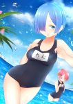  2girls absurdres adjusting_clothes adjusting_swimsuit akky_(akimi1127) bare_arms black_swimsuit blue_eyes blue_hair blue_sky blush breast_envy breast_suppress breasts character_name clouds condensation_trail dripping dutch_angle eyelashes hair_ornament hair_over_one_eye hairclip highres leaf light_rays looking_at_another looking_at_viewer medium_breasts multiple_girls name_tag ocean one-piece_swimsuit one_eye_covered outdoors palm_tree parted_lips pink_hair ram_(re:zero) re:zero_kara_hajimeru_isekai_seikatsu rem_(re:zero) revision school_swimsuit short_hair siblings sisters sky small_breasts swimsuit thigh_gap tree twins wading water_drop wet x_hair_ornament 
