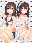  2girls bikini black_hair blue_eyes blush breasts cup drink fujiwara_hajime hairband highres holding holding_cup idolmaster idolmaster_cinderella_girls long_hair minamiya_mia multiple_girls open_mouth sagisawa_fumika swimsuit violet_eyes 