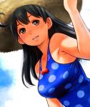  1girl black_hair blue_swimsuit breasts casual_one-piece_swimsuit edih hat kantai_collection lips long_hair one-piece_swimsuit polka_dot polka_dot_swimsuit smile solo sun_hat swimsuit ushio_(kantai_collection) yellow_eyes 