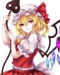  1girl absurdres ascot blonde_hair crystal fang flandre_scarlet from_side hat hat_ribbon highres laevatein looking_at_viewer mob_cap puffy_short_sleeves puffy_sleeves red_eyes red_ribbon red_shirt red_skirt ribbon sheya shirt short_sleeves side_ponytail skirt skirt_set smile solo touhou upper_body white_background wings 