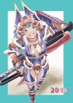  1girl 2016 aqua_hair arm_up armor axe blue_eyes boots breasts breasts_apart capcom character_request drinking_straw fingerless_gloves from_above gateofrage gauntlets gloves helmet highres holding_drinking_glass huge_weapon looking_at_viewer medium_breasts monster_hunter smile solo switch_axe walking weapon weapon_on_back 