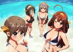  4girls ;q ^_^ ahoge bangs bare_arms bare_legs barefoot beach bikini black_bikini black_hair blue_eyes blush braid breast_squeeze breasts brown_eyes claw_pose cleavage closed_eyes closed_mouth collarbone contrapposto frilled_bikini frills from_above front-tie_bikini front-tie_top green-framed_eyewear grey_hair hair_between_eyes hair_ornament hairband hairclip halterneck hand_on_hip hand_on_own_thigh haruna_(kantai_collection) headgear hiei_(kantai_collection) kantai_collection kirishima_(kantai_collection) kongou_(kantai_collection) large_breasts leaning_forward long_hair looking_at_viewer looking_up medium_breasts multi-strapped_bikini multiple_girls nail_polish navel o-ring_top ocean one_eye_closed outdoors own_hands_together pink_nails ruuto_(sorufu) shadow short_hair side-tie_bikini sky standing stomach summer swept_bangs swimsuit tongue tongue_out v_arms violet_eyes 