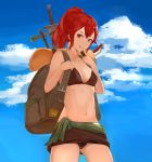  1girl :q akuria anna_(fire_emblem) axe backpack bag belly_button bikini blue_sky breasts brown_bikini brown_eyes cleavage clouds cowboy_shot finger_to_mouth fire_emblem fire_emblem:_kakusei fire_emblem_if highres intelligent_systems long_hair looking_at_viewer medium_breasts navel nintendo ponytail red_eyes sky smile solo sword tongue tongue_out weapon 