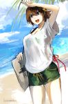  1girl :d alternate_costume arm_up bag beach breasts brown_hair clouds flipped_hair hair_between_eyes hairband headgear hiei_(kantai_collection) kantai_collection lansane medium_breasts open_mouth outdoors palm_tree sand shirt short_hair short_sleeves shorts sky smile solo tree water white_shirt 