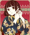  1girl adjusting_clothes black_hair brown_eyes earrings flat_color floral_print hanaze high_contrast japanese_clothes jewelry kimono looking_at_viewer original short_hair solo upper_body 