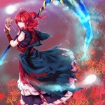  1girl absurdres armband dress flower glowing hair_bobbles hair_ornament highres holding looking_at_viewer looking_back mappe_(artist) onozuka_komachi red_eyes red_flower redhead scythe skull smile solo torn_clothes torn_dress touhou 