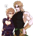  2boys abs arm_around_shoulder birthmark blonde_hair dio_brando earrings father_and_son fingernails giorno_giovanna green_lipstick green_nails jewelry jojo_no_kimyou_na_bouken lavender_eyes lipstick makeup male_focus multiple_boys muscle nail_polish one_eye_closed pale_skin sharp_fingernails smile spoken_x stud_earrings wallfloristry wrist_cuffs yellow_eyes 