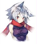  1girl animal_ears bare_shoulders bei_mochi breasts fang highres inubashiri_momiji large_breasts looking_at_viewer red_eyes red_scarf scarf short_hair silver_hair simple_background solo touhou upper_body white_background wolf_ears 