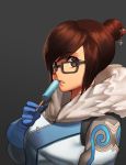  1girl bangs beads black-framed_eyewear blue_gloves bow brown_eyes brown_hair coat eyebrows eyebrows_visible_through_hair eyelashes from_side fur-lined_jacket fur_coat fur_collar fur_trim glasses gloves hair_bun hair_ornament hair_stick hood_(james_x) looking_at_viewer mei_(overwatch) overwatch parka parted_lips popsicle short_hair sidelocks snowflake_hair_ornament solo swept_bangs upper_body winter_clothes winter_coat 