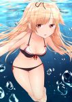  1girl absurdres akky_(akimi1127) bare_arms bare_legs bikini black_bikini blonde_hair breasts hair_flaps hair_ornament hair_ribbon hairclip highres kantai_collection long_hair looking_at_viewer medium_breasts midriff navel outstretched_arms perspective red_eyes remodel_(kantai_collection) ribbon solo swimsuit underwater yuudachi_(kantai_collection) 
