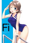  1girl ;d blue_eyes breasts brown_hair competition_swimsuit hino_minato_(spec.c) leaning_forward love_live! love_live!_sunshine!! medium_breasts one-piece_swimsuit one_eye_closed open_mouth pool_ladder salute short_hair smile solo swimsuit watanabe_you 