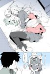  1boy 1girl bed bed_sheet blanket drowsy facial_hair fate/apocrypha fate/extra fate/grand_order fate_(series) koshiro_itsuki lancer_of_black long_hair male_protagonist_(fate/grand_order) pillow saber_extra sleeping sleepwear toothbrush translated 