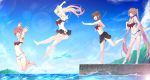  4girls ahoge barefoot bikini_top blue_eyes braid brown_eyes closed_eyes flying_sweatdrops hair_ornament hair_ribbon highres inu3 jumping kantai_collection long_hair multiple_girls murasame_(kantai_collection) navel outstretched_arms red_eyes remodel_(kantai_collection) ribbon running sarong shigure_(kantai_collection) shiratsuyu_(kantai_collection) short_shorts shorts twintails yuudachi_(kantai_collection) 