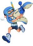  1girl bike_shorts blue_boots blue_hair boots domino_mask fangs female full_body goggles gun inkling mask motion_lines open_mouth pointy_ears polka_dot smile snorkel solo splatoon tentacle_hair viibean weapon yellow_eyes 