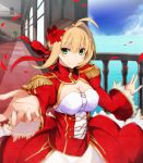  1girl ahoge blonde_hair blurry breasts cleavage corset fate/extra fate/grand_order fate_(series) flower green_eyes hair_flower hair_ornament highres looking_at_viewer nero_claudius_(fate)_(all) ocean petals saber_extra short_hair smile solo vane 